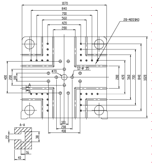 Размер плит T-slot (опция) термопластавтомата ТПА Bole BL400EK